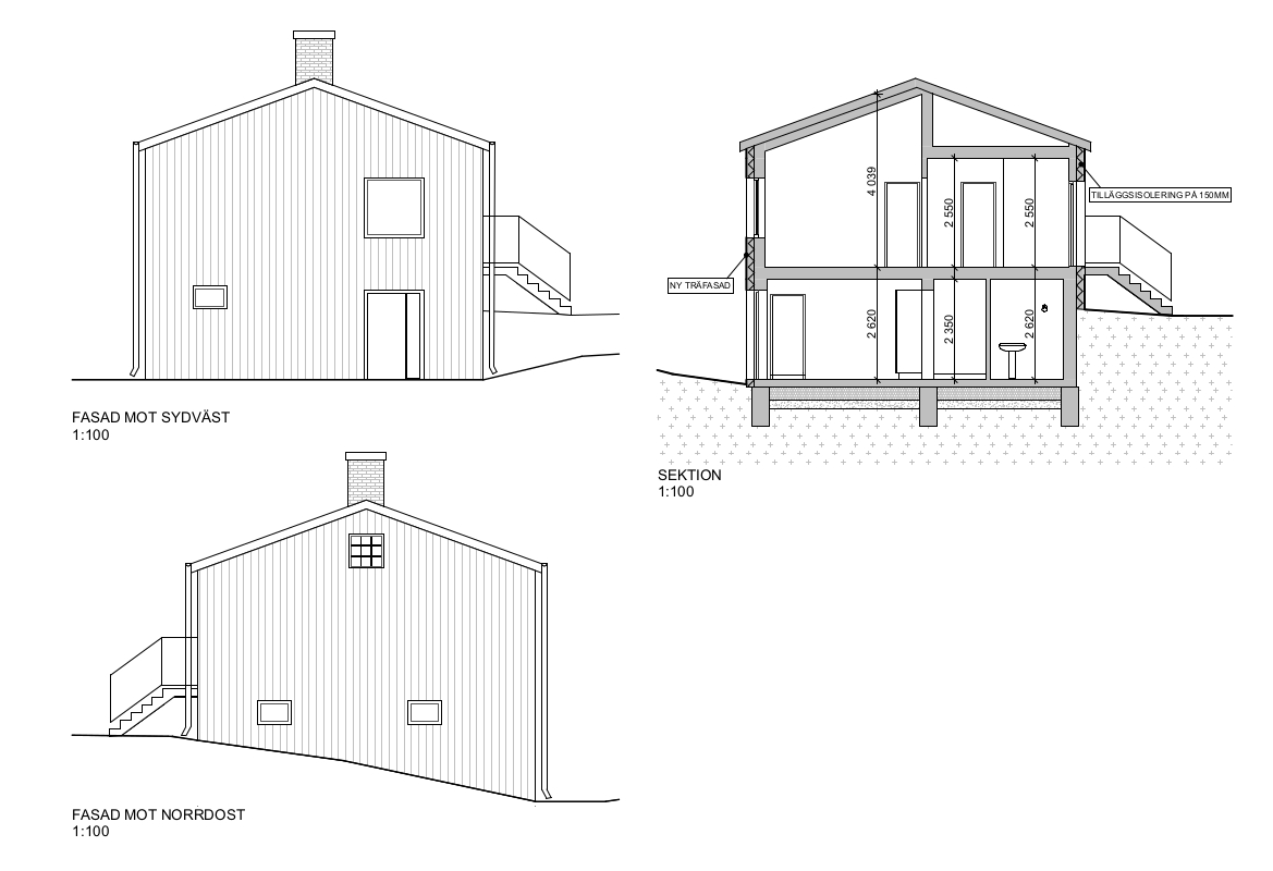 Fasad ritningar och sektion för villarenovering, Sollentuna
